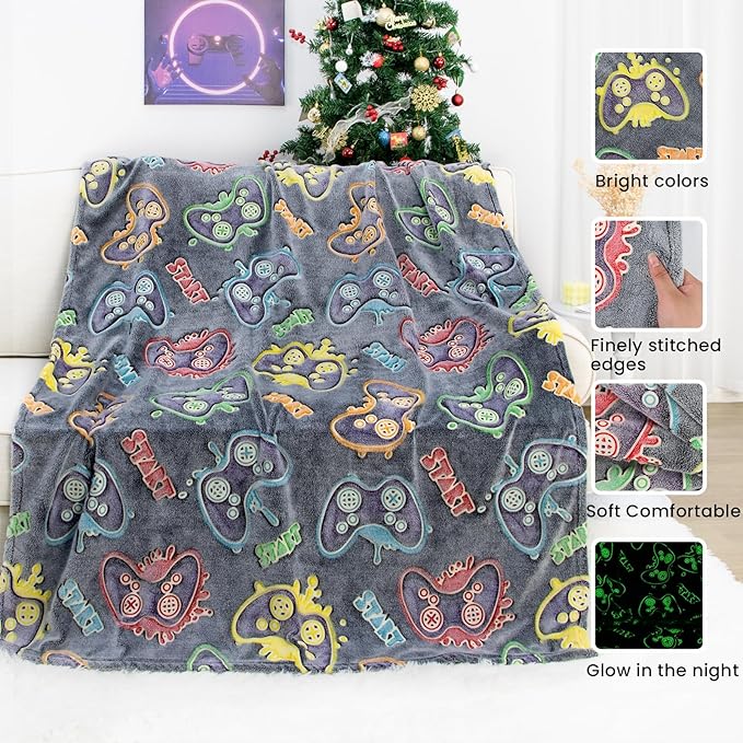 Glow in The Dark Game Controller Blanket Gamer Gifts Toys for Kids Boys Boyfriend Gaming Gamepad Presents Birthday Christmas Easter