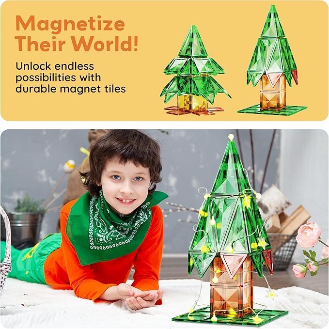PicassoTiles 106pc Magnetic Tiles LED Light-Up Tree Toy Holiday STEM Toys for Kids Educational Magnet Building Blocks Gift for Toddlers Boys Girls Christmas Montessori Puzzle Play Set Ages 3+ PT106