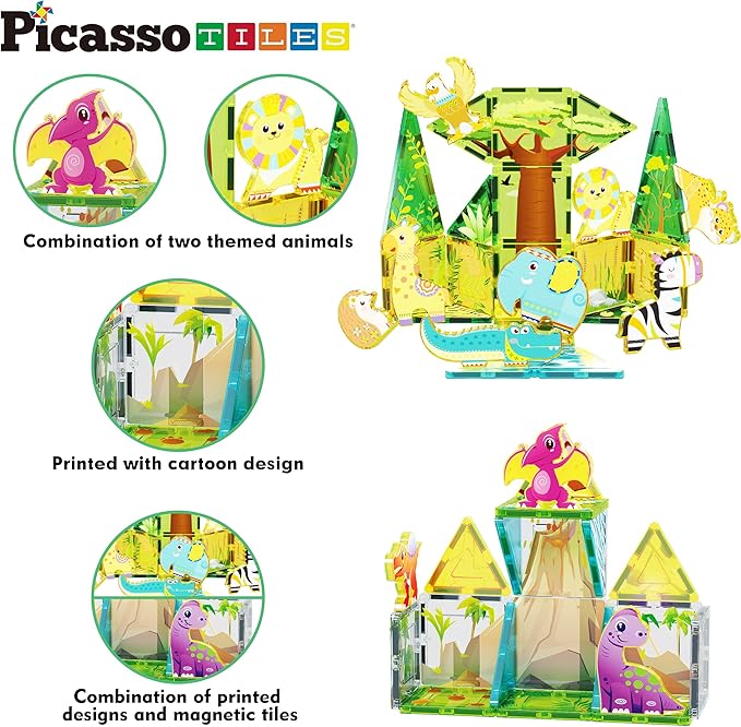 PicassoTiles Magnet Tiles Set Magnetic Building Blocks Safari Animals Dinosaur Theme with 16 Action Figure Construction Blocks STEM Toys Education Preschool Toy for Toddlers Boys Girls Ages 3+ PTQ28