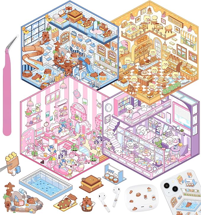 DIY 3D House Stickers, 4 Sets Fun DIY Stickers Scene Make Your Own Mini House Cute Cartoon Animal Scene Sticker for Kids Adult Sticker Art Relief Stress Pass The Time