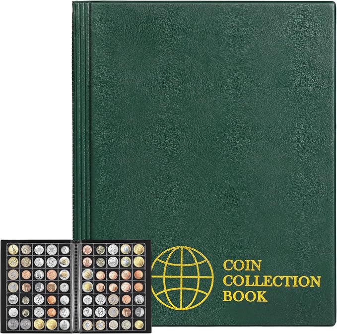 420 Pockets Albums - 28x29 mm/1.1x1.1 Inch Pocket Green Book 10 Pages Collection Holder Letter Size Coin Storage Book CS0242GR