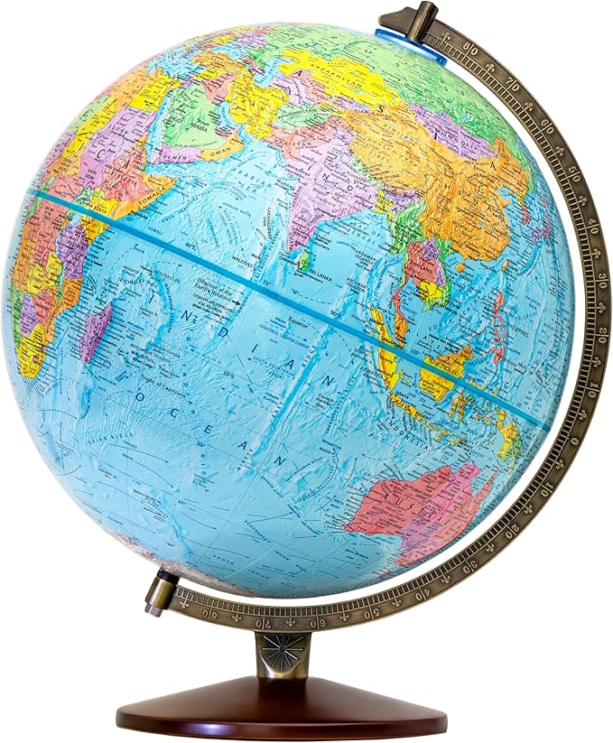 Replogle World Globe with Stand, 12 Inch diameter globe with 3-D Raised Relief Texture. Perfect for Children And Kid's Classroom and home Decor, Made In USA. (Non-Illuminated Presscraft Blue)
