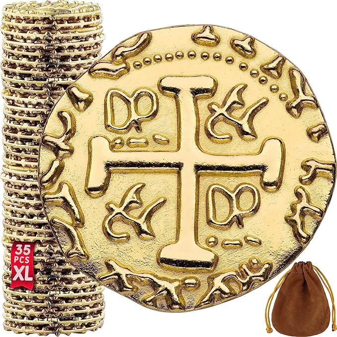 Large Metal Pirate Coins - 35 Gold Treasure Coin Set, Metal Replica Spanish Doubloons for Pirate Party Decorations & Favors, Tokens, Toys, Cosplay - Pirate Treasure Chest, Size 1.18"