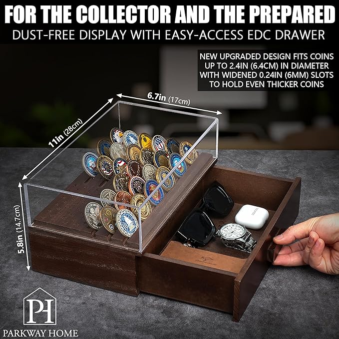 Military Challenge Coins Display Holder with American Flag and Clear Cover - Solid Wood Challenge Coin Stand with Drawer, Challenge Coin Display Case for Collector, Military Coin Holder Rack for Desk