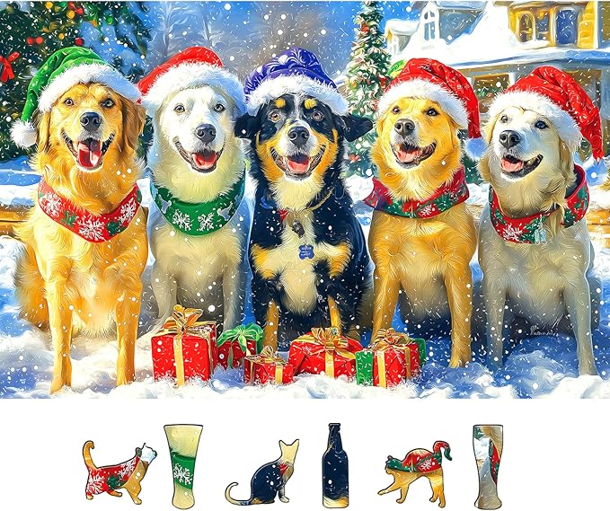 Christmas Dogs Puzzles for Adults 500 Pieces Winter Holiday Scene with Golden Retrievers Fun Animal Jigsaw Puzzles with Letters On Back Family Challenging Festive Puzzles Game for Seniors Adults