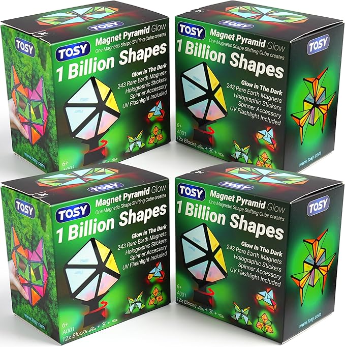 TOSY Magnet Pyramid Glow - 1 Cube Transforms into 1 Billion Shapes, 12 Pieces, 243 Rare Earth Magnets, Glowing, Holographic Design Magnet Tiles Creative Puzzle STEM/STEAM Toy, 4-Pack