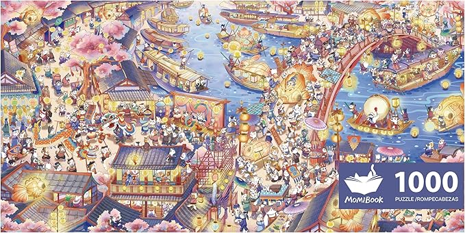 MOMIBOOK Puzzles for Adults 1000 Pieces Jigsaw Puzzles of Civet Cat River View, Painting Image Chinese Cat Puzzle Challenging Hard Impossible Puzzle Unique Funny Party Christmas Birthday Gifts