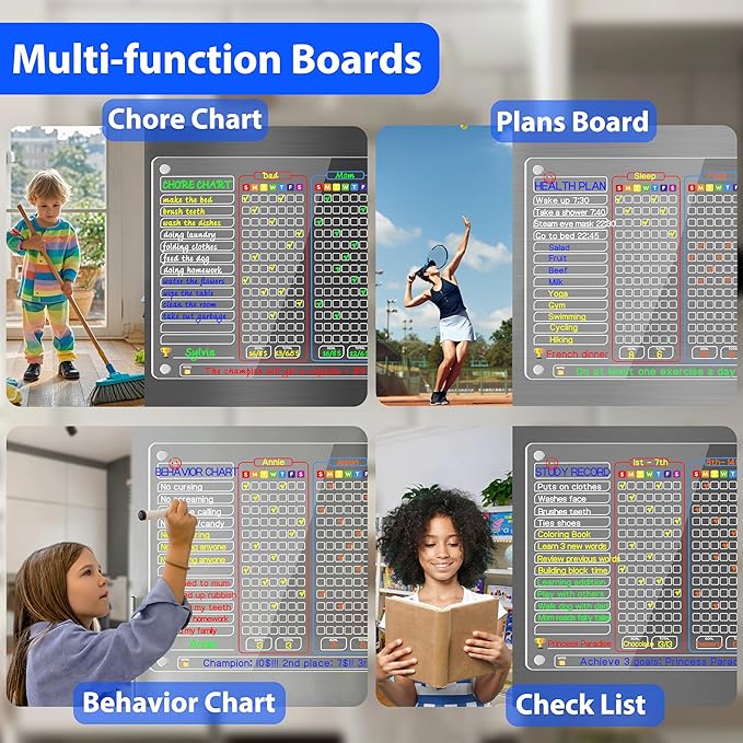 PigPotParty Acrylic Magnetic Chore Chart for Multiple Kids, 3-Kid Family, 16"x12" Large Dry Erase Chore Board, Responsibility Chart for Teens & Adults, with 12 Markers & Towel