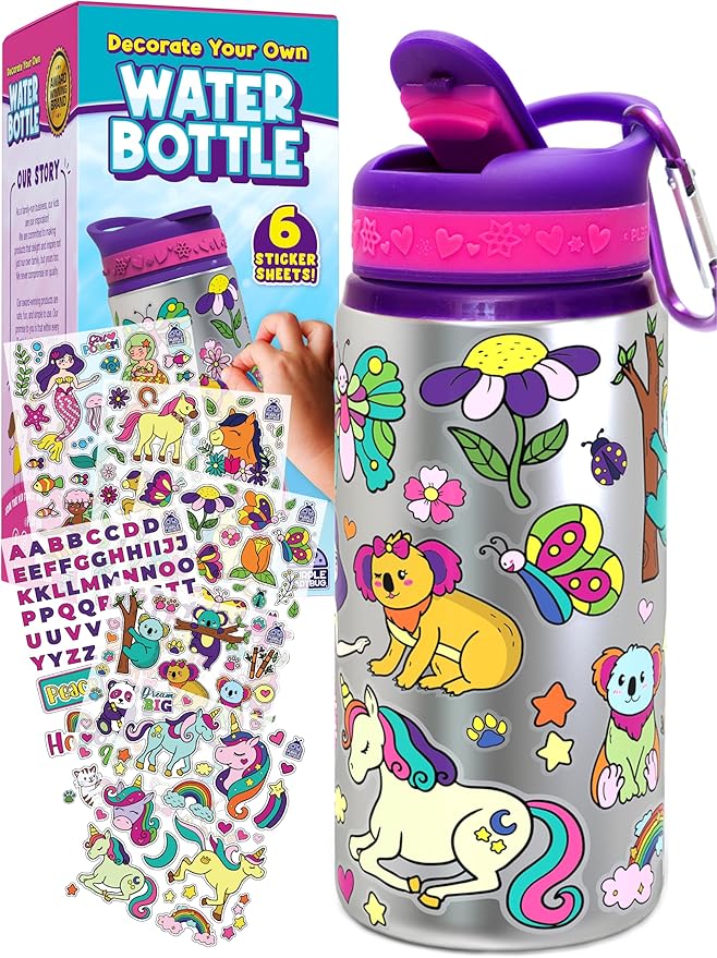 PURPLE LADYBUG Decorate Your Own Water Bottle Kit - Gifts for Girls Ages 4-8 Years Old Birthday, Little Girl Gifts, Kids Water Bottle for School, Christmas Gift for Girls
