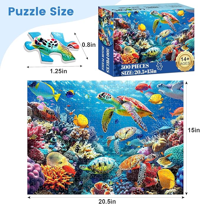 500 Piece Puzzle for Adults, Turtle Jigsaw Puzzles, Sea Animals Puzzles 500 Pieces, Birthday and Barious Holiday Party for Family Kids and Adults, Funny Puzzle for Adults, 20.5x15 in