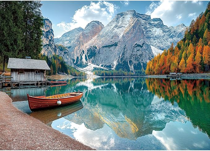 Braies Lake Jigsaw Puzzles 1000 Pieces Nature Landscape Puzzles for Adults 1000 Pieces with Letters on Back Hard Impossible Difficult Challenging Family Puzzle Mountain Lake Scenery Puzzles
