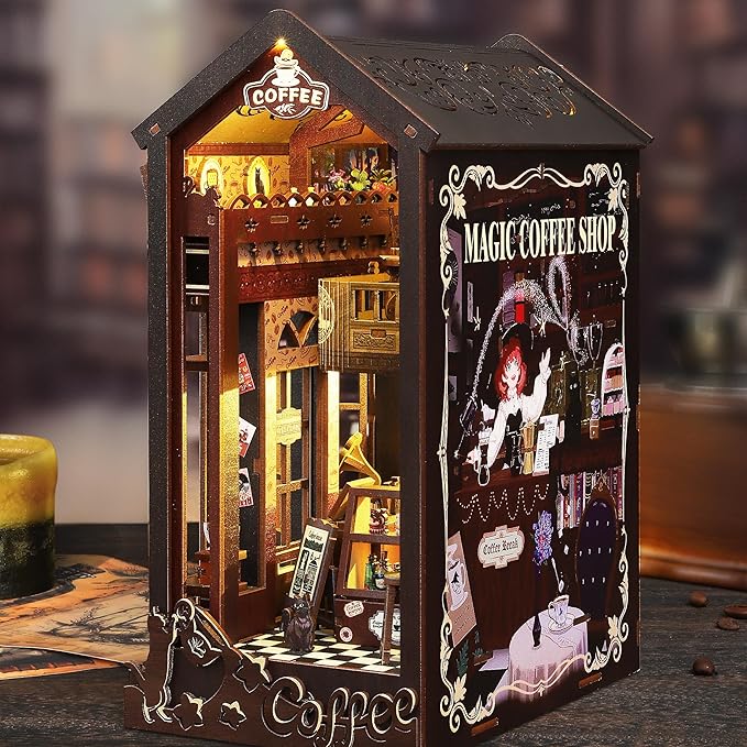ISSEVE Book Nook Kit - DIY Miniature Dollhouse Booknook for Adults Teen, 3D Wooden Puzzle Tiny House Kit Bookshelf Decor, Gifts for Men Women Halloween Christmas Birthday (Coffee Shop)