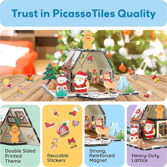 PicassoTiles Magnetic Tiles Gingerbread House Holiday Character Action Figures Santa, Snowman, Deer Winter Theme Construction Kit Magnet Building Blocks STEM Learning Gifts Toddler Toys Ages 3+ PTQ09