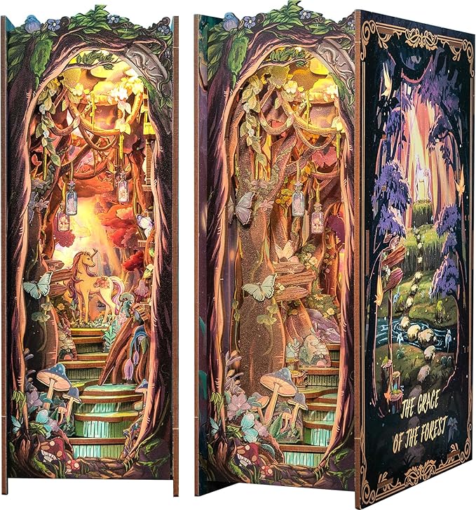 Fsolis Book Nook Kit, DIY Miniature Room House Kit 3D Wooden Puzzle Craft Kit for Adult Decorative Bookend Bookshelf Bookcase Nook Decor Gifts for Women Teens and Book Lovers (The Grace of The Forest)