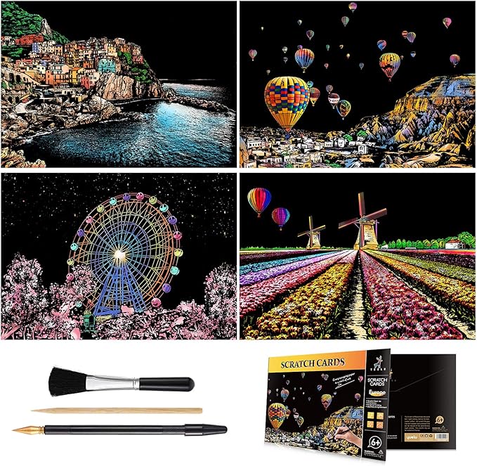 Rainbow Scratch Art Painting Paper (A4) for Adults & Kids, DIY Night View Scratchboard Set: 4 Sheets Scratch Cards & Clean Brush, Drawing Pen(Cinque Terre / Windmill / Ferris Wheel / Hot Air Balloon)