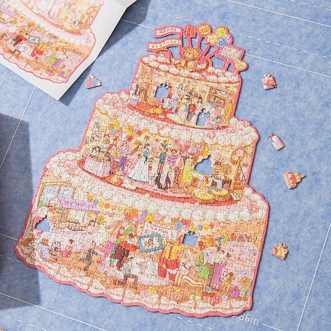 MOMIBOOK Puzzles for Adults 481 Pieces Irregular Jigsaw Puzzles of Birthday Cake Cabin, Painting Image Chinese Challenging Hard Impossible Puzzle Unique Funny Party Christmas Birthday Gifts