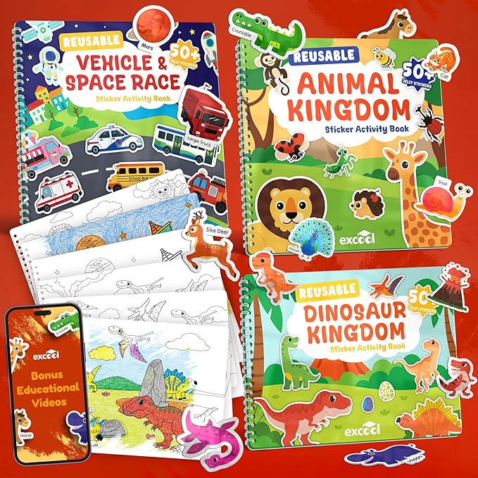 Excool Club Pack 3 Toddler Reusable Sticker Book - Waterproof Jelly Sticker Book for Kids, Dinosaur, Vehicle, Animal Stickers Books Travel Toys Activities, Cute Birthday Gifts for Boy Girl