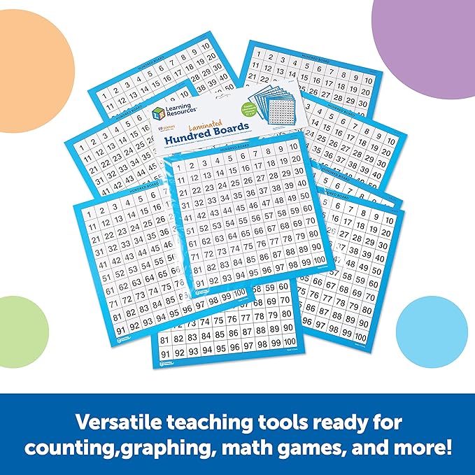 Learning Resources Laminated Hundred Boards - 10 Pieces Dry-Erase Counting Aid, Teaching Supplies, Math Boards for Kids