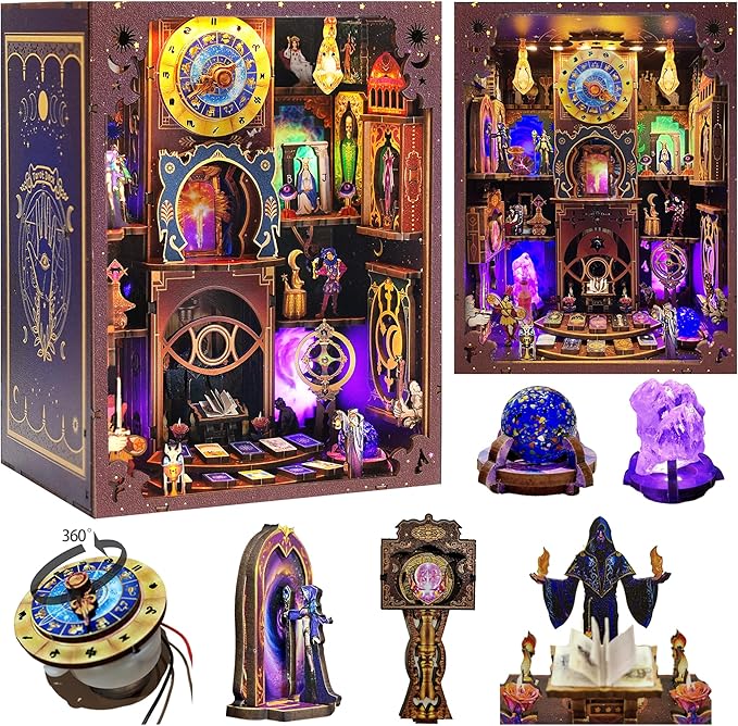 Book Nook Kit - DIY Miniature Dollhouse with LED Lights for Adults & Teens, Fantasy Tarot-Themed 3D Wooden Bookshelf Decor, for Craft Lovers