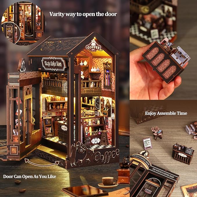 ISSEVE Book Nook Kit - DIY Miniature Dollhouse Booknook for Adults Teen, 3D Wooden Puzzle Tiny House Kit Bookshelf Decor, Gifts for Men Women Halloween Christmas Birthday (Coffee Shop)
