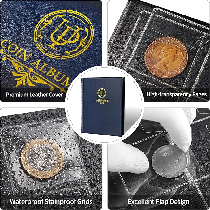 160 Pockets Coin Album - 10 Sheets Mixed Sizes Coin Holder 45x43/33x33 mm Collecting Grid for Pounds Pence Cents (Blue) CS48160BL