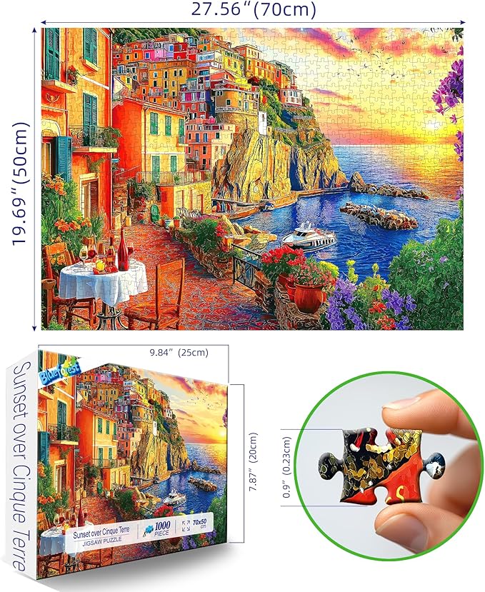 1000 Piece Jigsaw Puzzle for Adults Cinque Terre Mediterranean Coastal Village Sunset Harbor Scene 27x20 Inch Puzzle with Colorful Buildings Puzzles for Game Night & Home Decor