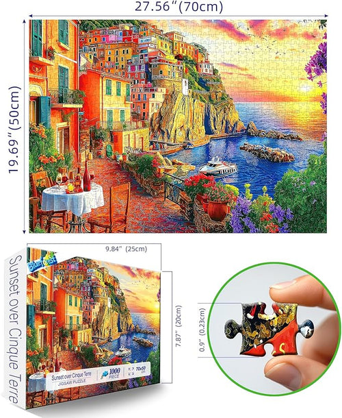 1000 Piece Jigsaw Puzzle for Adults Cinque Terre Mediterranean Coastal Village Sunset Harbor Scene 27x20 Inch Puzzle with Colorful Buildings Puzzles for Game Night & Home Decor