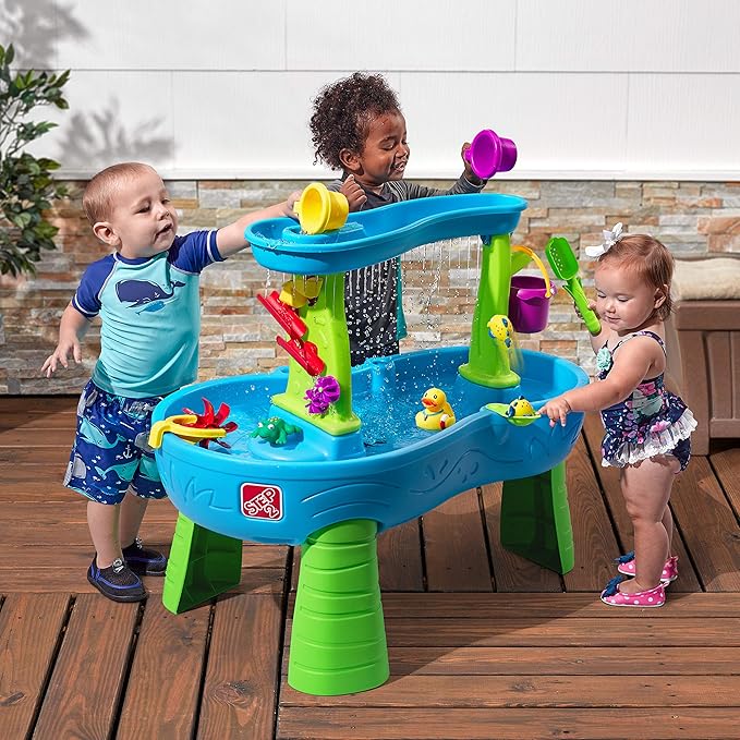 Step2 Rain Showers Splash Pond Water Table, Kids Water and Sand Activity Sensory Playset, Summer Outdoor Toys, 13 Piece Water Toy Accessories, For Toddlers 1.5+ Years Old, Blue & Green