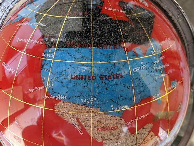 Limited Edition! Unique Art Since 1996 RED Table Top Gemstone World Globe with Tripod Silver Zinc Alloy Stand (220MM/9 INCHES/RED OCEAN)