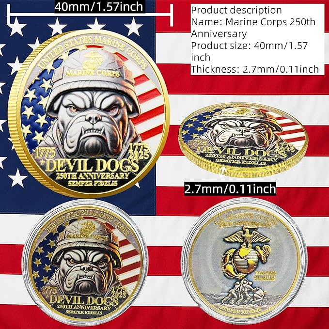 USMC 250th Anniversary Challenge Coin – Double-Sided Marine Corps Commemorative with Bulldog & Iwo Jima – Military Gift for Veterans & Collectors (3PCS)