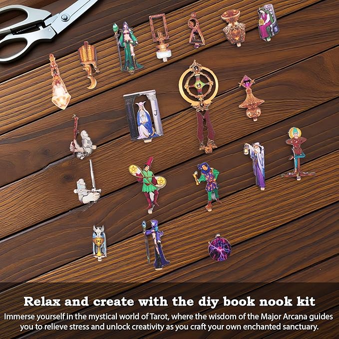 Book Nook Kit - DIY Miniature Dollhouse with LED Lights for Adults & Teens, Fantasy Tarot-Themed 3D Wooden Bookshelf Decor, for Craft Lovers