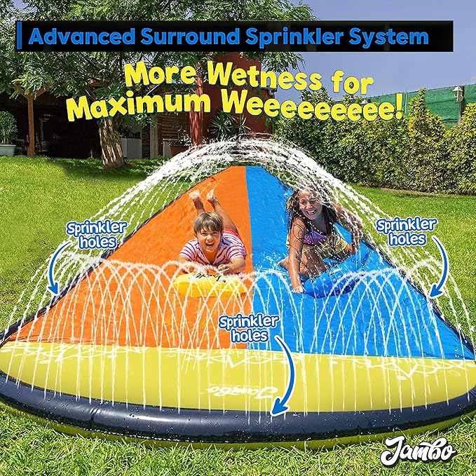 JAMBO XL Premium 20Ft Slip Splash and Slide with 2 Bodyboards, Heavy Duty Water Slide with Advanced 3-Way Water Sprinkler System, Backyard Waterslide, Splash Mat, Outdoor Water Toys n Slides for Kids