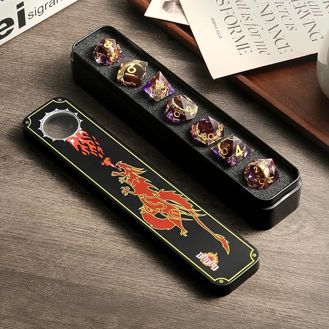 Magic Lord Ring D&D Dice Set DNDND Sharp Edge DND Dice Purple Swirl with Golden Ring Inside with Gift Metal Case for Dungeons & Dragons D&D Tabletop Game (Purple)