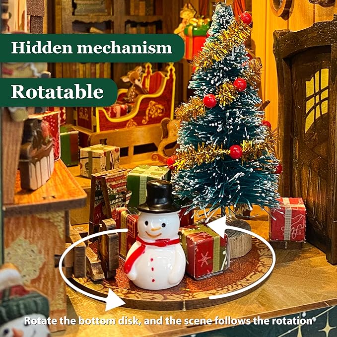 DIY Book Nook Kit - Christmas Wooden Miniature House Kit Rotating Decor, Gift for 14+ Dollhouse Kit - Jingle Cabin (SQ-34)