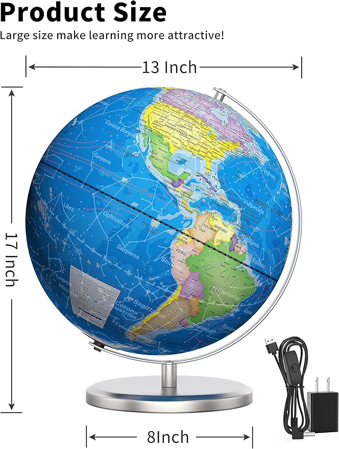 Illuminated World Globe with Stand, 13" Earth Globes with Stable Heavy Metal Base for Kids Classroom Learning, LED Constellation Globe Night Light with HD Printed Map