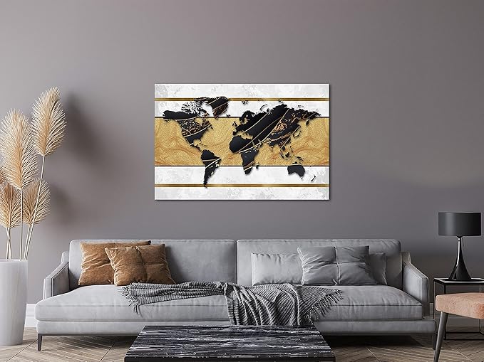 artgeist Textured Canvas Wall Art World Map 35x24 in - 1pcs Painting Canvas Prints Picture Artwork Image Framed Contemporary Modern Photo Wall Home Map Continent Black White k-A-0515-b-a