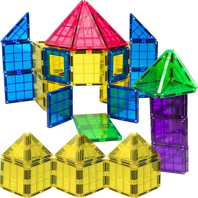 Magnetic Tiles Building Blocks - 113pcs Advanced Set - STEM Toys for 3+ Year Old Boys and Girls -Strongest Magnets - Includes 13 Piece Insert Alphabet Cards - Learning by Playing