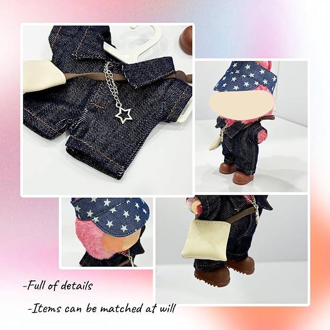 17cm Doll Clothes, Outfits Denim Jeans Set for 17cm Doll, 5 Piece Set Hat Shoes Clothing, Stylish Adorable Dolls Clothes Accessories (No Doll)