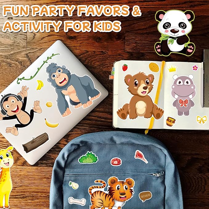Aowplc 48 Make A Safari Animal Sticker Sheets - Jungle & Zoo Party Favors Supplies - Fun Craft Activities for Kids Ages 3+