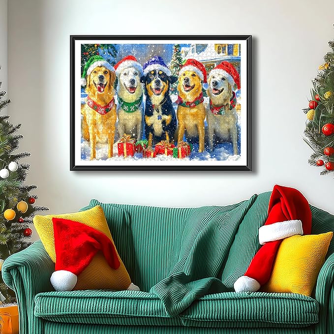 Christmas Dogs Puzzles for Adults 500 Pieces Winter Holiday Scene with Golden Retrievers Fun Animal Jigsaw Puzzles with Letters On Back Family Challenging Festive Puzzles Game for Seniors Adults