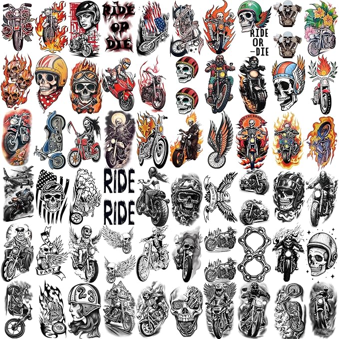 Motorcycle Temporary Tattoos for Adults and Kids, 77 Waterproof Fake Tattoos, 17 Half Arm Sheets and 60 Small Sheets Motocross Racing Rider Dirt Bike Skull Design
