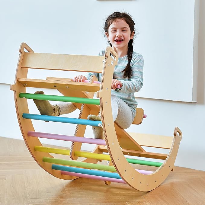 Avenlur Bailis Ultimate 3-in-1 Playset for Kids - Seesaw, Climbing Arch and Rocker - Waldorf and Montessori Climbing Toy for Children 2-6 Years - Toddler Climbing Toys (Colored)