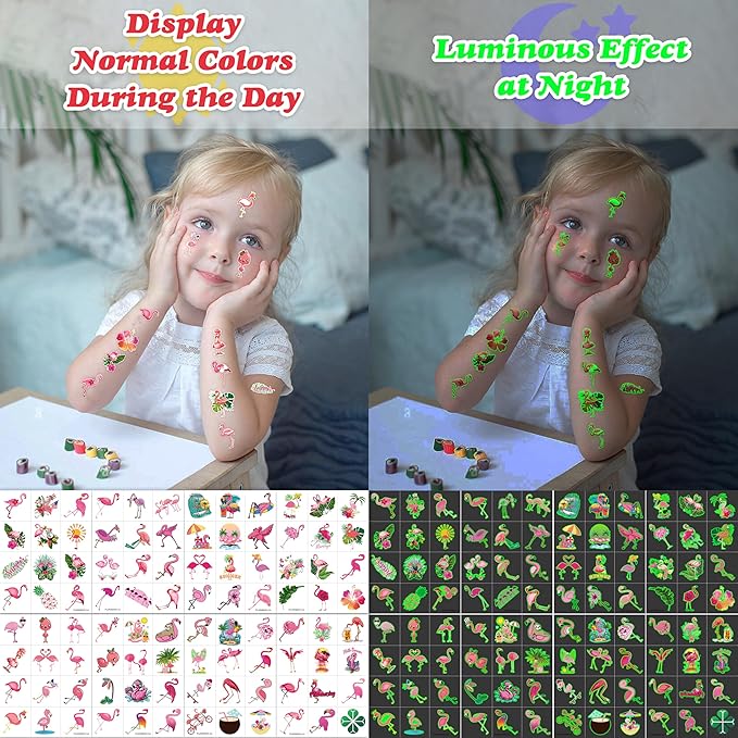 96 PCS Funny-Flamingo Glow In The Dark Pre-Cut Temporary Sticker Summer Tropical Hawaiian Luau Birthday Supplies Gifts Girls Boys Baby Showers Prizes Cute School Reward Themed (Luminous)
