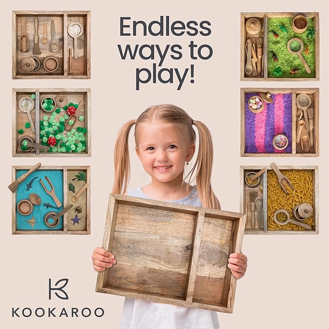 Wooden Sensory Play Bin Set – Montessori Fine Motor & Tactile Exploration Kit with Wooden Tools, Natural Mango Wood