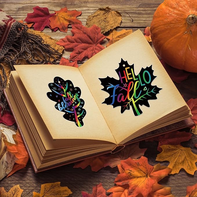 90shine 60 Sets Fall Crafts for Kids Black Scratch Autumn Leaves Magic Craft Art Kit Thanksgiving Classroom Preschool Activities Party Favors