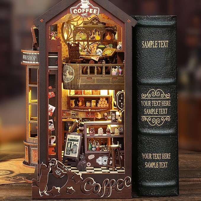 ISSEVE Book Nook Kit - DIY Miniature Dollhouse Booknook for Adults Teen, 3D Wooden Puzzle Tiny House Kit Bookshelf Decor, Gifts for Men Women Halloween Christmas Birthday (Coffee Shop)