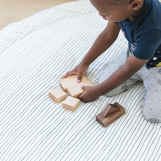 MakeMake Organics Organic Play Mat GOTS Certified Organic Cotton Nursery Floor Rug Washable Reversible Non Toxic Activity Mat Tummy Time Crawling Pad Thick Quilted (Round 48",Blue Stripes,Solid Ivory)