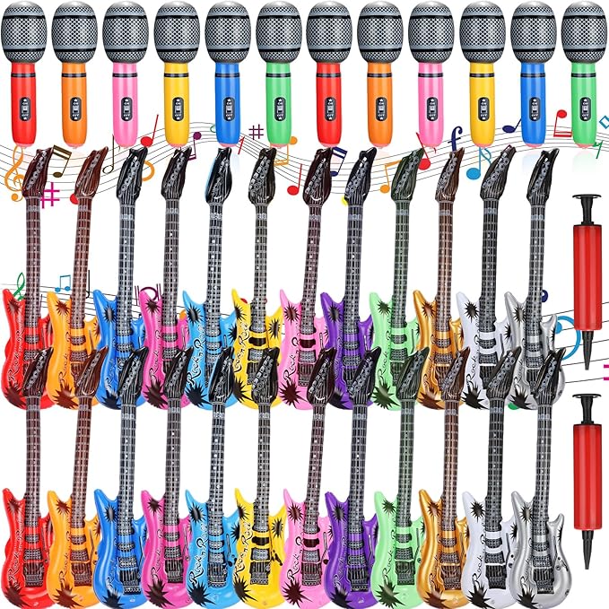 24 Pcs Colorful Inflatable Instruments Rock Star Toy Set Including 12 Pcs Plastic Microphones, 12 Inflatable Guitars and 1 Inflator for Musical Concert Themed Party Decoration