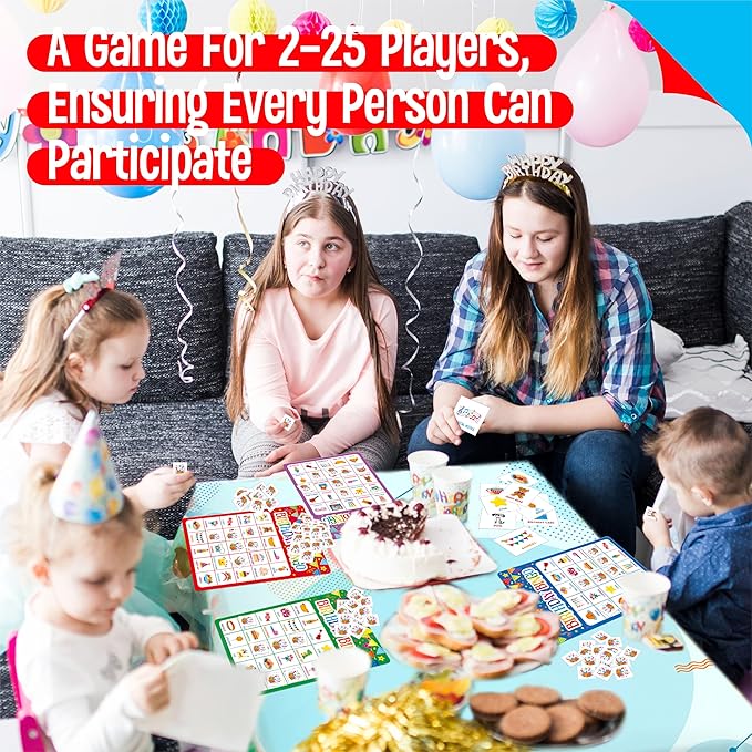 SpriteGru Birthday Bingo Game, 25PCS Bingo Board Card, 25 Players Birthday Party Game Set for Kids or Adults, Party Favor Decoration Supplies