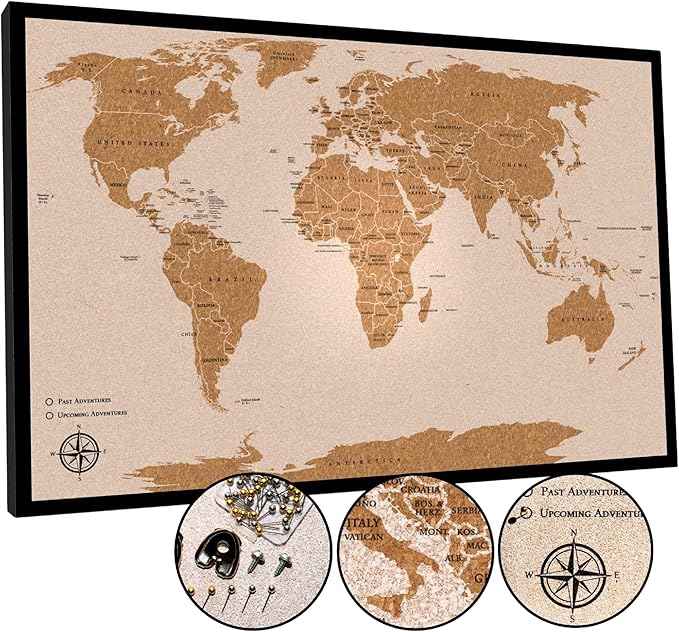 Push Pin World Travel Map – 30" x 20" Framed Cork Board Wall Art, Large Push Pin Map for Tracking Adventures, Unique Gift for Travelers, Couples, and Families